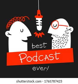 podcasting characters hand drawn funny men. men on the air with podcast theme and microphone