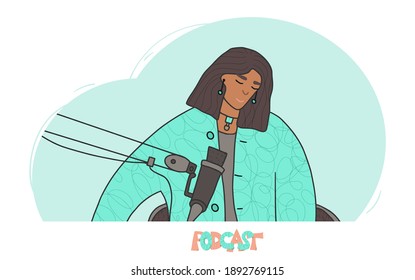Podcasting concept. Young woman recording a podcast. ASMR blogger make a new content. Vector illustartion.
