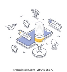 Podcasting and digital communication, the essence of modern media engagement. A microphone stands in front of a smartphone with interactive icons. Modern isometric line art vector illustration