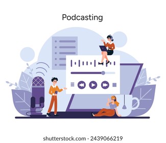 Podcasting Dynamic concept. Content creators broadcast engaging audio, showcasing diverse discussions and digital interaction. Vector illustration