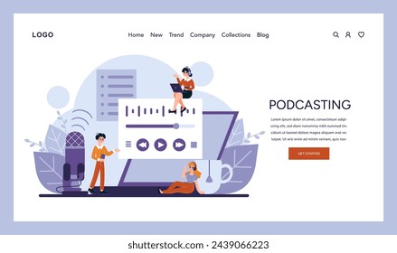 Podcasting Dynamic concept. Content creators broadcast engaging audio, showcasing diverse discussions and digital interaction. Vector illustration