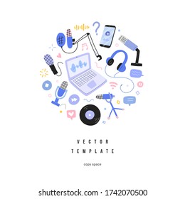 Podcasting equipment audio recording frame border banner with copy space, microphones and headphones, tools for audio radio streaming, broadcasting, good as banner, poster, hand drawn vector template