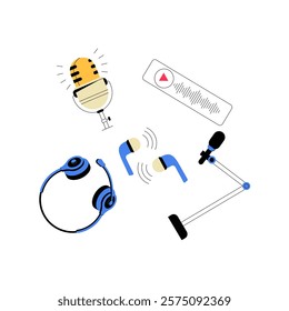 Podcasting Equipment In Flat Vector Illustration Symbolizing Audio Production, Broadcasting, And Media Creation, Isolated On White Background.