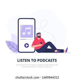 Podcasting illustration. A listener with headphones. A young man studies and listens to a podcast. Flat vector character.