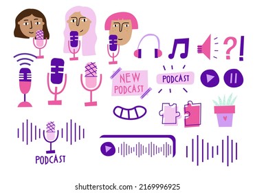 Podcasting illustrations set. Podcaster women, microphone, headphones, note, speaker. Streaming service, online radio. Vector set