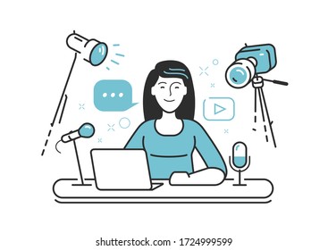 Podcasting, live streaming. Video content for posting on social networks. Vector illustration