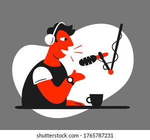 Podcasting man hand drawn, funny, happy man front of the microfone. Hand drawn vector illustration.