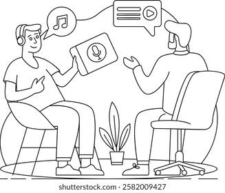 Podcasting as Medium for Change Digital Era concept vector outline design, Podcast slice-of-life journalism sign, Web television series symbol, audio blog journals illustration