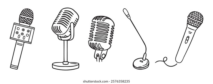 podcasting microphone recording mic doodle hand drawn icon set. Outline drawing microphone line clipart symbol. Vector illustration