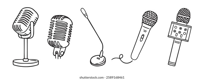 podcasting microphone recording mic doodle hand drawn icon set. Outline drawing microphone line clipart symbol. Vector illustration