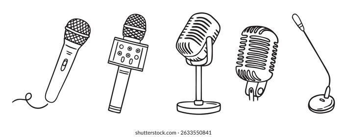 podcasting microphone recording mic doodle hand drawn icon set. Outline drawing microphone line clipart symbol. Vector illustration