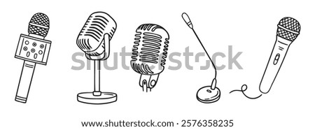 podcasting microphone recording mic doodle hand drawn icon set. Outline drawing microphone line clipart symbol. Vector illustration