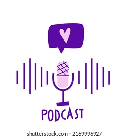 Micrófono de podcasting con burbuja de voz. Ilustración de podcast. Icono plano del vector.Dispositivo podcast