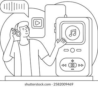 Podcasting musician vector design, Podcast slice-of-life journalism sign, Web television series symbol audio blog journals illustration, Blending Audio Entertainment with Engaging Dialogue concept