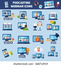 Podcasting and online webinar education flat icons set isolated vector illustration