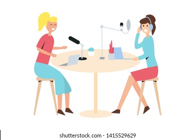 Podcasting, podcast radio, broadcasting characters illustration.  Two women recording a podcast in the studio with microphone and laptop. Webcast audio record interview concept illustration.