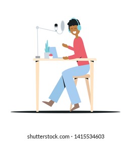Podcasting, podcast radio, broadcasting characters illustration. Young African American man records a podcast in the studio with microphone and laptop. Webcast audio record concept illustration. 