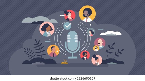 Podcasting popularity and online podcast recording tiny person concept. Live audio streaming and broadcast as popular trend for interviews vector illustration. Communication show with microphone.