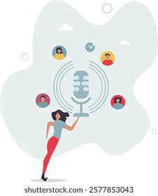 Podcasting popularity and online podcast recording.Communication show with microphone.flat characters.