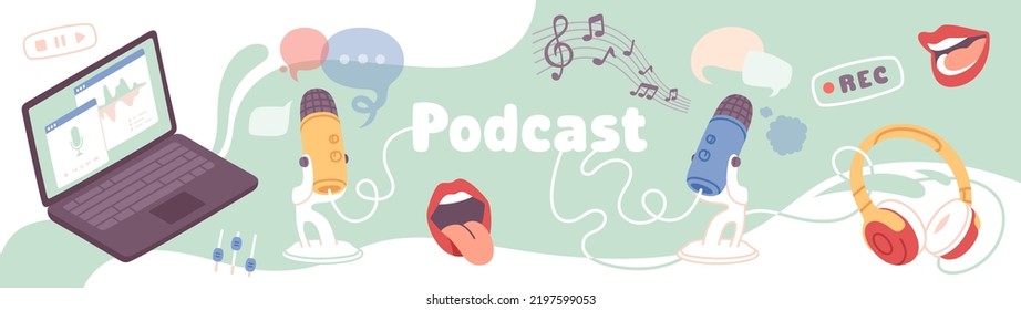 Podcasting scene background poster. Podcast studio audio equipment microphones, headphones, laptop computer, multimedia software, broadcasting voice recording mic. Interview concept vector illustratio