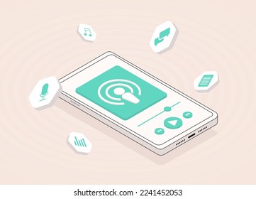 Podcasting and Streaming mobile applications concept. Isometric flat design outline illustration in pastel colors with a podcast application on the phone screen. Podcasting vector illustration