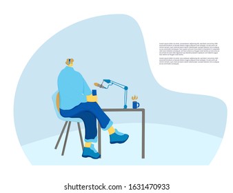 Podcasting studio concept. Young blogger sitting in the chair with phone notes and coffee and recording an audio show. Male influencer talking with his followers against microphone. Vector 