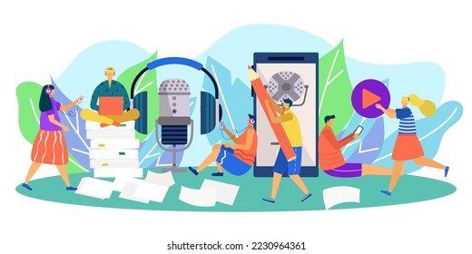 Podcasting team communication, people use audio technology for radio media vector illustration. Record with cartoon microphone