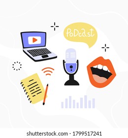 Podcasting template. Equipment set for blogging, webinar, podcasting and broadcasting, online radio. microphone, laptop, headphones. Vector illustration.