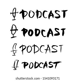 Podcasting. Text and logo. Studio microphone and lettering. Vector illustration. 