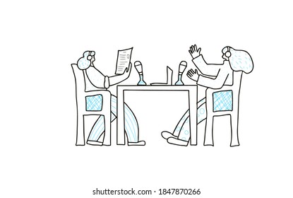Podcasting. Two young women in headphones sitting at the desk and recording new  podcast episode with microphones isolated on white background. Vector illustration in doodle style. 