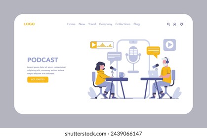 Podcasting web or landing page. Engaging audio discussions and storytelling in interest-based community podcasts. Digital talk shows on the go. Vector illustration.