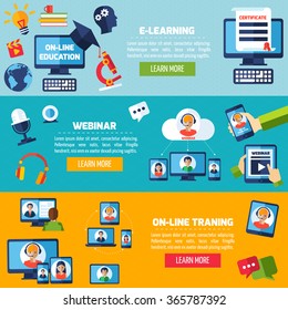 Podcasting and webinar horizontal banner set with online training elements isolated vector illustration