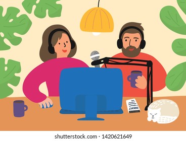 Podcasting. Woman and man recording, editing, or broadcasting podcast, online training, or online radio. People sitting at the table with pc and talking to microphones. Vector illustration.
