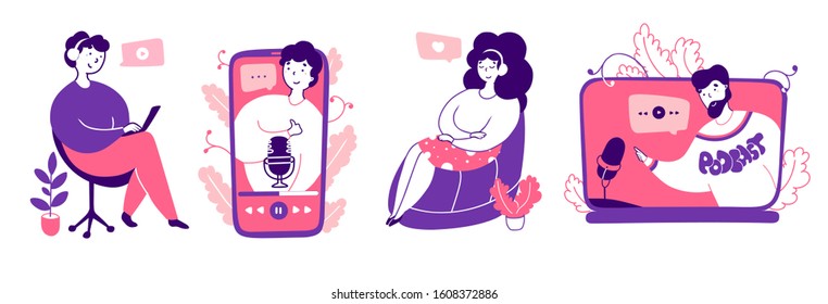 Podcasts and audiobooks fans flat vector illustrations set