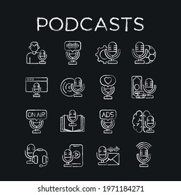 Podcasts chalk icons set. Podcast. Thin line flat vector illustration.