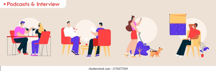 Podcasts and interview scenes set. Man woman in headset in live radio streaming. Interviewer is recording talk studio guest. Guy girl listening audio at smartphones. Vector character illustration