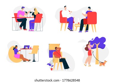 Podcasts and interview scenes set. Man woman in live radio streaming. Interviewer recording talk with guest. People listening audio at smartphone, watch video on laptop. Vector character illustration