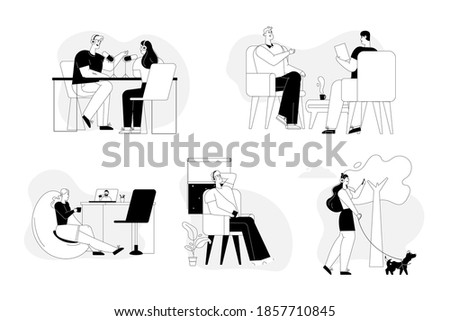 Podcasts and interview scenes set. People in headset in live radio streaming. Interviewer is recording talk studio guest. Listeners listening audio at home. Vector linear character illustration