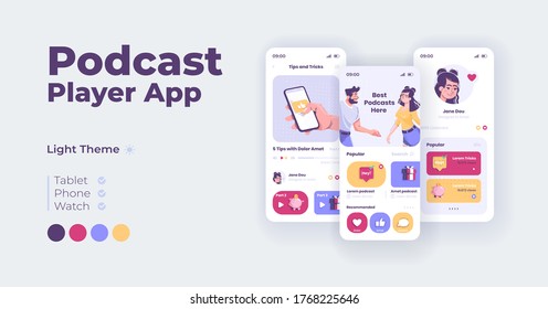 Podcasts player cartoon smartphone interface vector templates set. Mobile app screen page day mode design. Online content watching and sharing UI for application. Phone display with flat characters