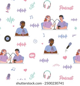 Podcasts. Podcast pattern, seamless texture, various microphones, mic, headset, speaker, headphones. Vector illustration.