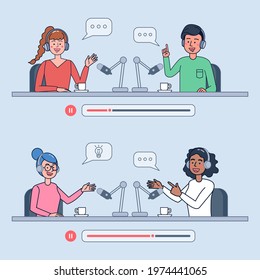Podcasts are popular with people who like exotic, knowledgeable and self-developed. Internet radio, podcast recording and listening concept flat illustration vector design