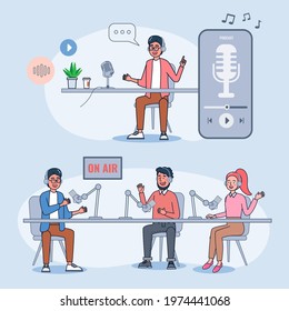 Podcasts are popular with people who like exotic, knowledgeable and self-developed. Internet radio, podcast recording and listening concept flat illustration vector design