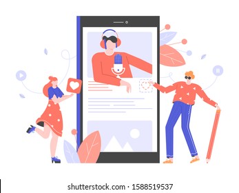Podcasts, radio, online courses, webinars. Young people study, listen to a lecture on a smartphone. Distance online education. Vector flat illustration.