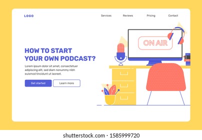 Podcasts, radio show, online courses. Recording home office. On the desk are microphone, monitor, headphones. Vector flat illustration. Landing page concept template. Modern design,  bright colors.