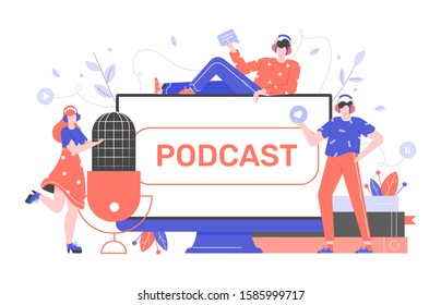 Podcasts,radio, online courses. Young people record episodic series of digital audio files, an online show. Large microphone, computer monitor, books. Vector flat characters. Concept illustration.