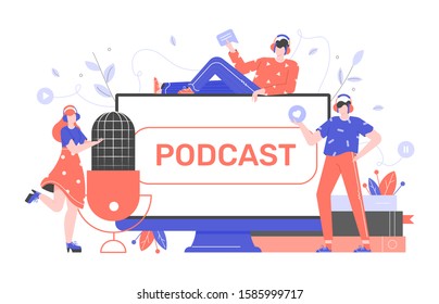 Podcasts,radio, online courses. Young people record episodic series of digital audio files, an online show. Large microphone, computer monitor, books. Vector flat characters. Concept illustration.