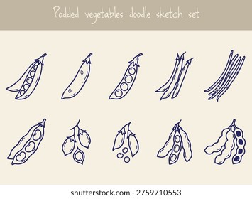 Podded vegetables doodle set legume sketch drawing icons.