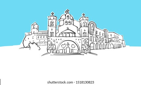 Podgorica Montenegro Lineart Vector Sketch. and Drawn Illustration on blue background.