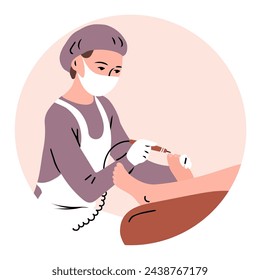 Podiatric beauty salon. A female podiatrist performs a pedicure procedure on a client. Health and beauty of feet. Vector illustration