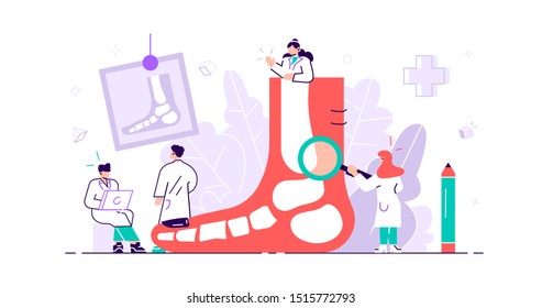 Podiatrist concept. Feet toe trauma, pathology and illness discomfort treatment with examination, surgery or procedures. Tiny foot, ankle and lower extremity disease persons. Flat vector illustration